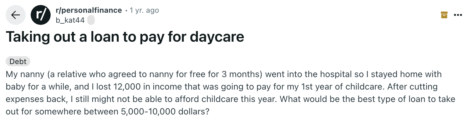 personal loan to pay for childcare reddit