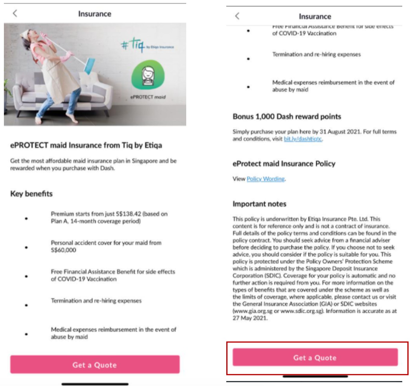 Singtel Dash app Etiqa Tiq insurance plans term life maid motor