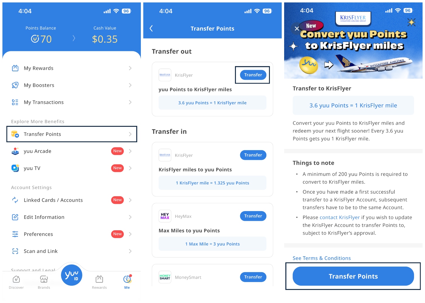 how to convert yuu points to krisflyer miles on the yuu app