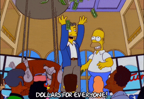 simpsons character in a blue blazer throwing dollar bills in the air to an excited crowd below
