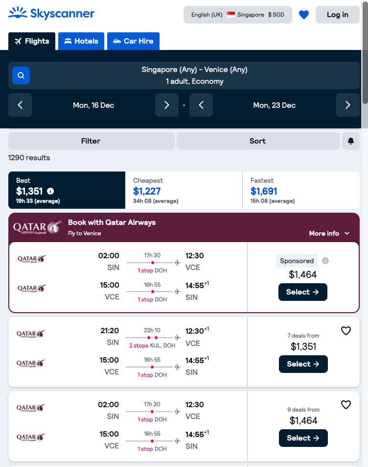 venice skyscanner flight ticket comparison